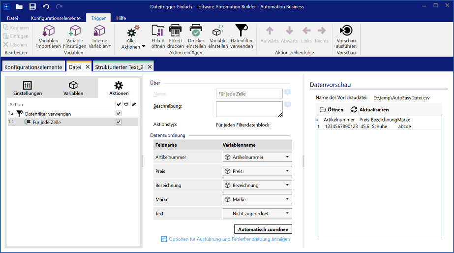 Automation – Datenfilter für jede Zeile