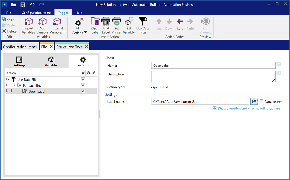 Automation - First action: Open label