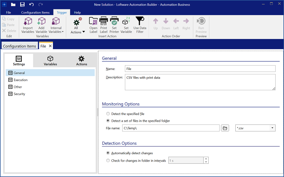 Automation - File trigger - Definition of the path to be monitored and the file type