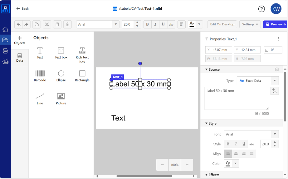 Cloud Designer – Edit label in the browser