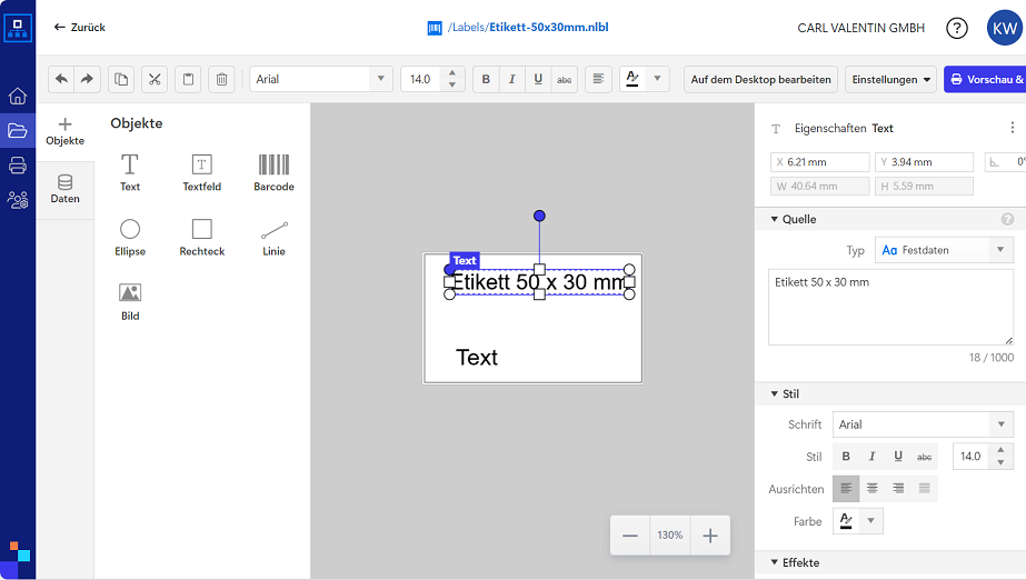 Cloud Designer – Etikett im Browser bearbeiten