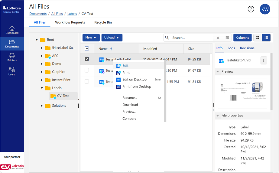 Cloud Designer - Context menu with command selection
