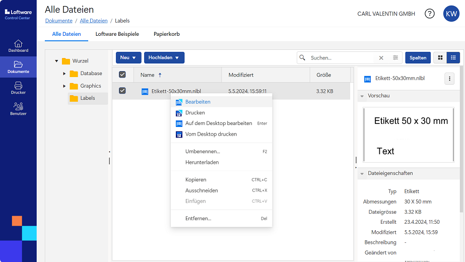 Cloud Designer – Kontextmenü mit Befehlsauswahl