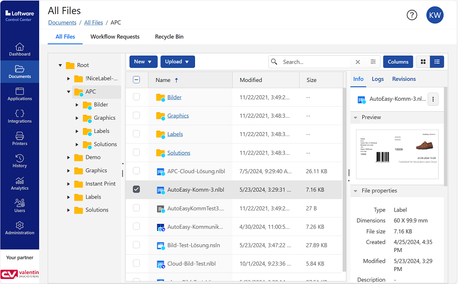 Files - Label preview with details
