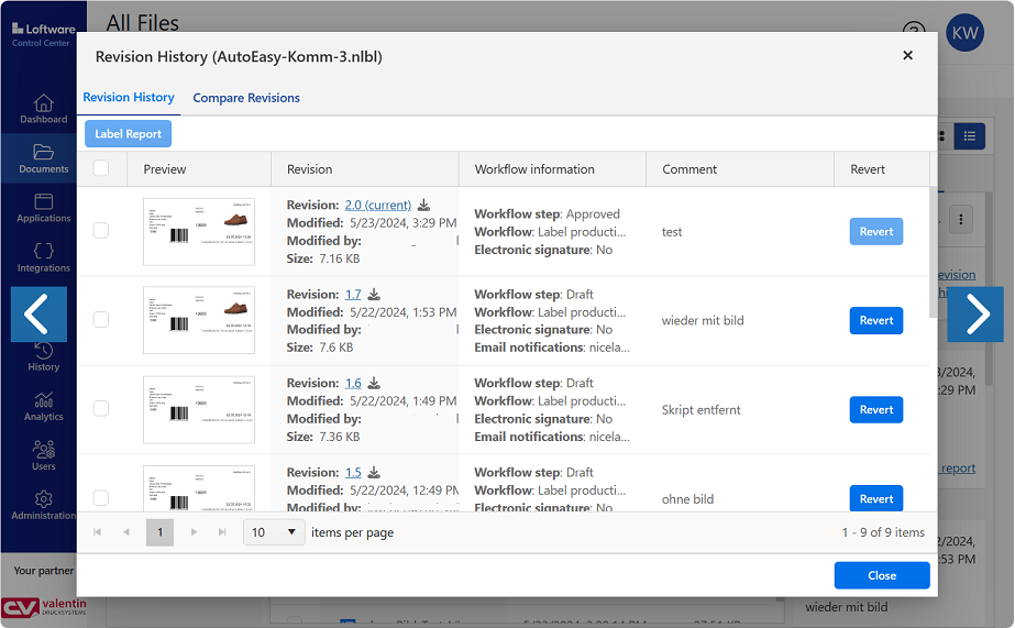Files - Revision history with individual workflow steps