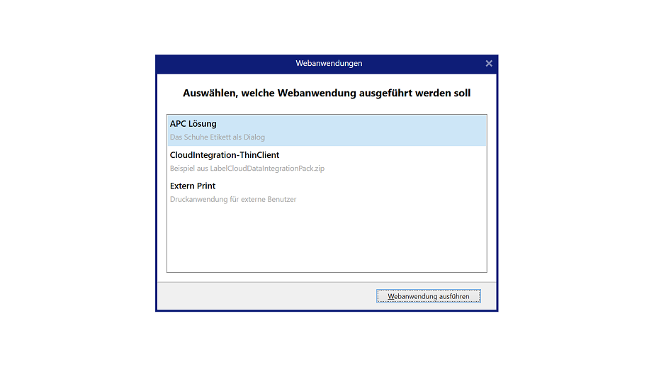 Webanwendung – Mögliche Auswahl durch den Benutzer.